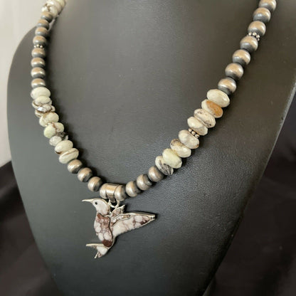 Navajo Hummingbird Inlay Necklace Pendant | Sterling Silver | Wild Horse Turquoise Inlay | 11345
