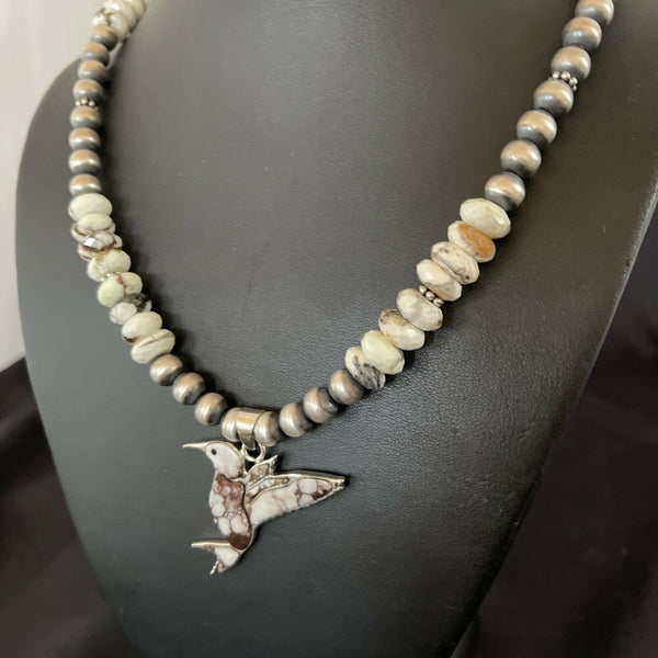Navajo Hummingbird Inlay Necklace Pendant | Sterling Silver | Wild Horse Turquoise Inlay | 11345