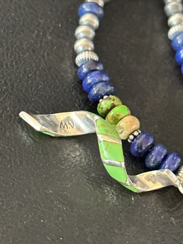 Navajo Green Turquoise Lapis Pendant Inlay Necklace | Sterling Silver | Authentic Native American Handmade | 14635