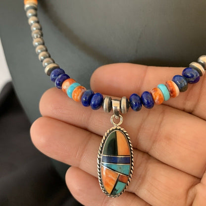 Navajo Native American Multi-Color Turquoise Spiny Inlay Pendant Necklace | Sterling Silver | 10660