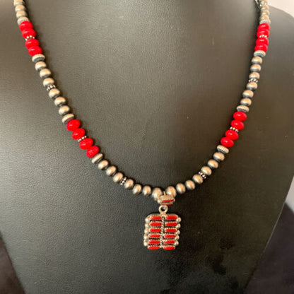 Southwestern Zuni Red Coral Corn Inlay Necklace Pendant | Sterling Silver | 21" | 12588