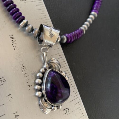 Navajo Pearls Purple Sugilite Necklace Pendant | Sterling Silver | Authentic Native American Handmade | 10720