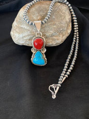 Navajo Kingman Turquoise, Coral, and Multi-Stone Pendant Necklace | Authentic Native American Sterling Silver | 2534