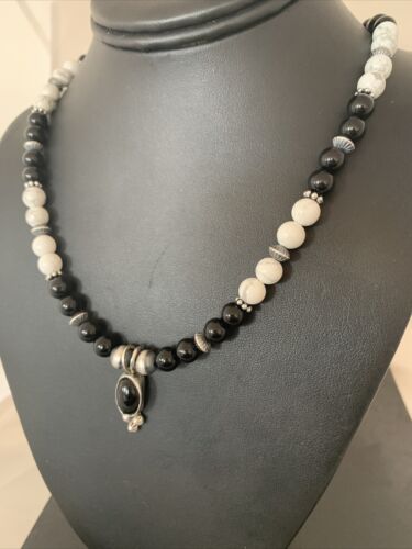 Navajo Black Onyx & White Buffalo Pendant Necklace | Sterling Silver | Authentic Native American Handmade | 01099