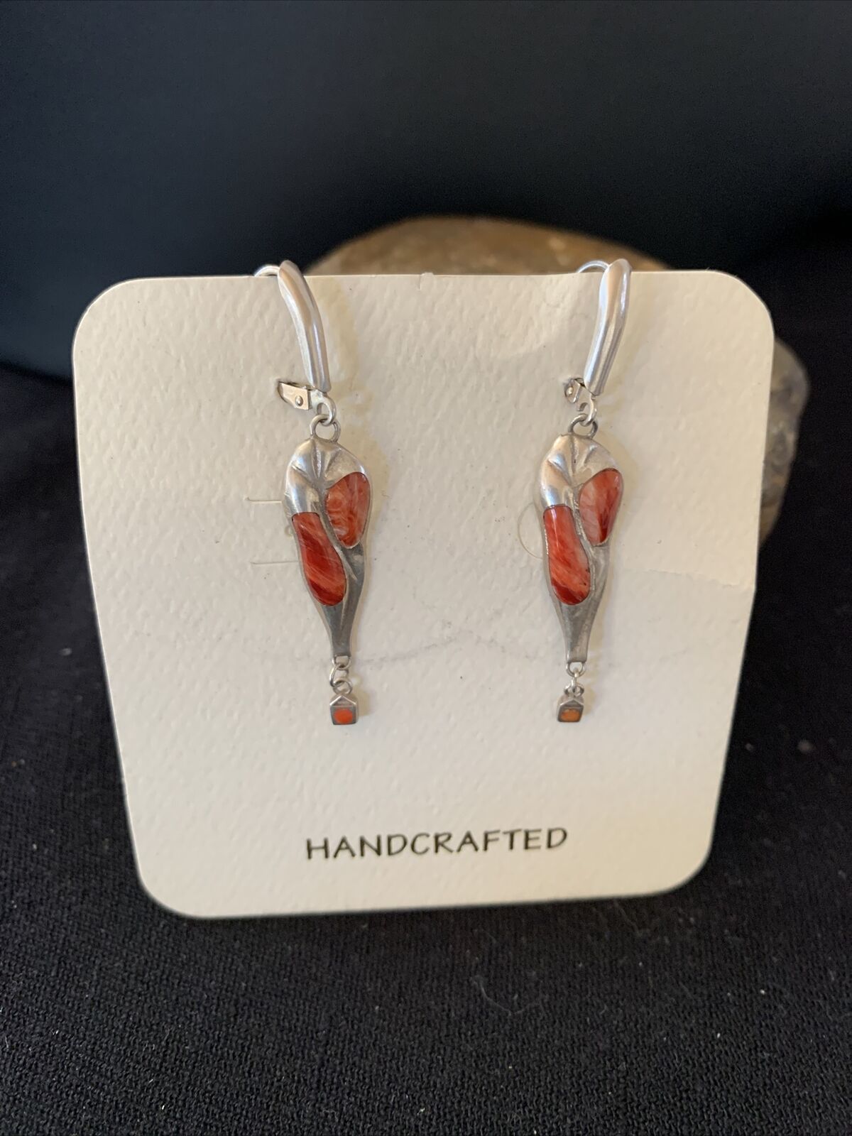 Navajo Red Spiny Oyster Inlay Earrings | Sterling Silver | 2" | Authentic Native American Handmade | 1520