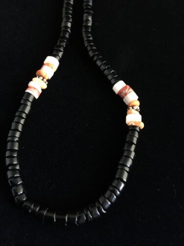 Navajo Mother of Pearl Black Onyx Spiny Necklace | Sterling Silver | 18" | Authentic Native American Handmade | 10012