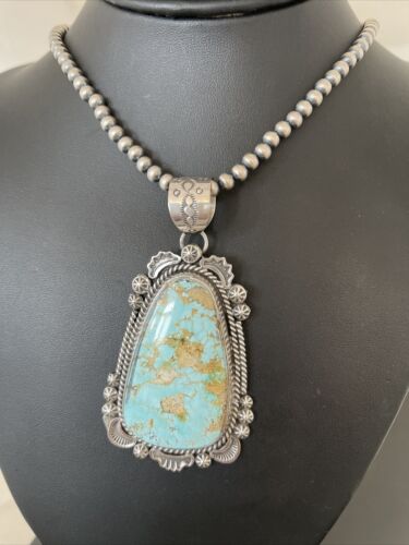 Navajo Royston Turquoise Pendant Necklace | Sterling Silver | Authentic Native American Handmade | 01365