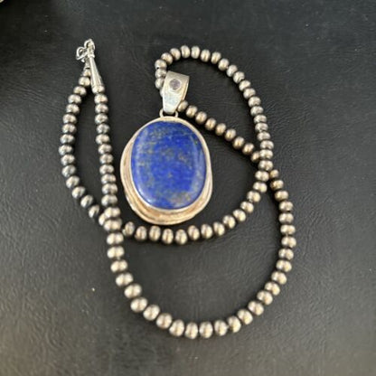 Native American Men's Navajo Pearls Necklace Pendant | Sterling Silver Lapis | 14467