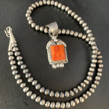 Navajo Red Spiny Oyster Square Pendant Necklace | Sterling Silver | Authentic Native American Handmade | 13636