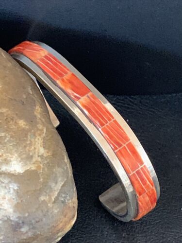 Navajo Native American Red Spiny Oyster Inlay Bracelet | Sterling Silver | Authentic Handmade | 1166