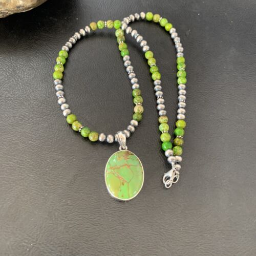 Navajo Pearl Necklace with Green Mojave Turquoise Pendant | Sterling Silver | 11757
