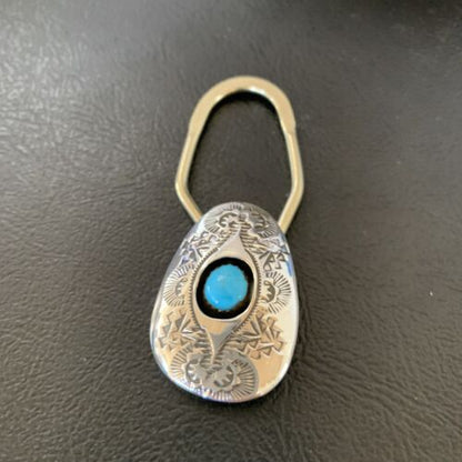 Men's Women's Navajo Turquoise Keyring | Sterling Silver | 2" | Authentic Native American Handmade | 11597