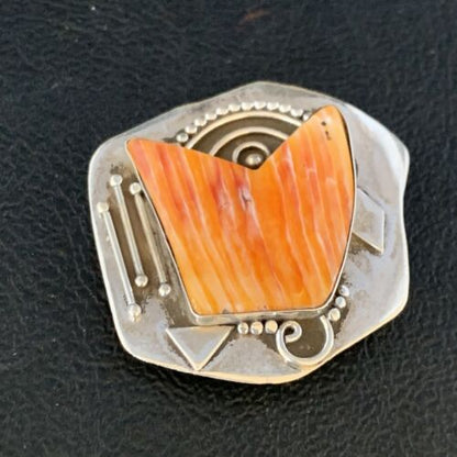 Southwestern Navajo Handmade Pin | Sterling Silver | Orange Spiny Oyster | Authentic Native American | 13716