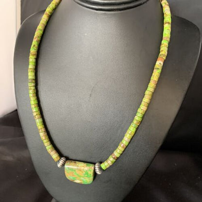 Navajo Green Gaspeite Turquoise Pendant | Sterling Silver | Authentic Native American Handmade | 13945