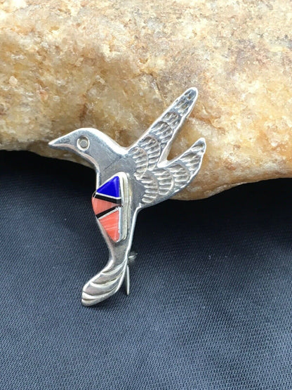 Navajo Spiny Oyster Lapis Hummingbird Pin | Sterling Silver | Authentic Native American Handmade | 2902