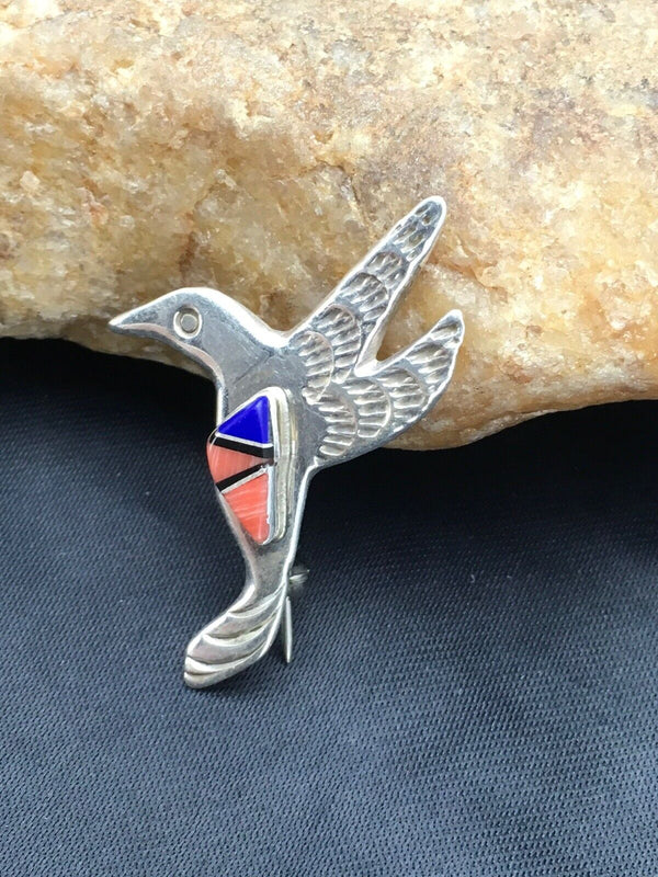 Navajo Spiny Oyster Lapis Hummingbird Pin | Sterling Silver | Authentic Native American Handmade | 2902