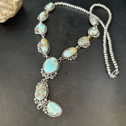 Navajo Golden Hills Turquoise Lariat Necklace | Sterling Silver | Authentic Native American Handmade | 14348