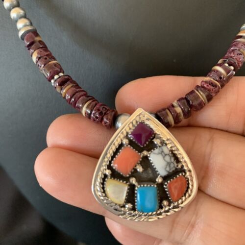 Navajo Multi-Color Multi-Stone Pendant | Authentic Native American Sterling Silver | Purple Spiny Oyster Necklace | 12356