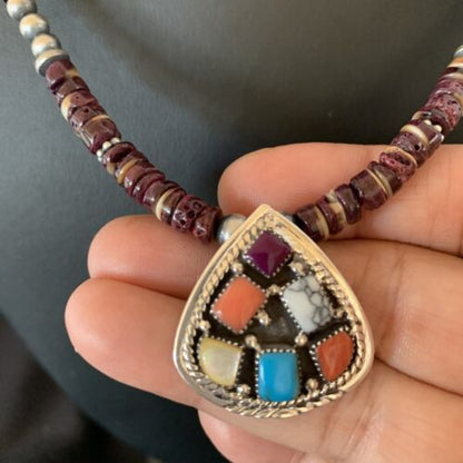 Navajo Multi-Color Multi-Stone Pendant | Authentic Native American Sterling Silver | Purple Spiny Oyster Necklace | 12356