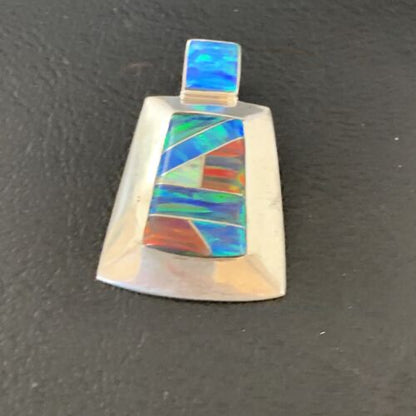 Navajo Blue Red Opal Inlay Pendant | Sterling Silver | Authentic Native American Handmade | 13340