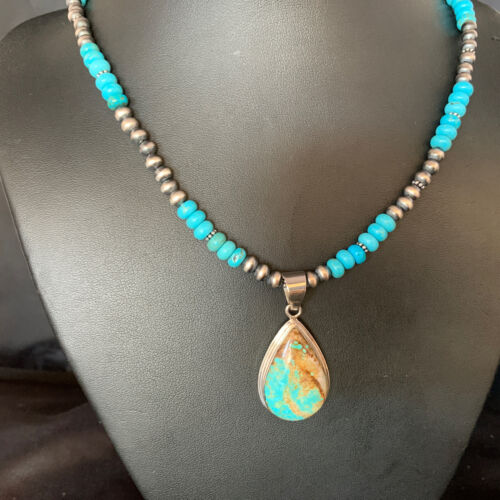 Navajo Blue Turquoise Pendant Necklace | Sterling Silver | Authentic Native American Handmade | 13828