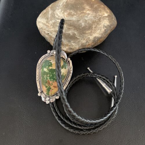 Navajo Green Royston Turquoise Bolo Tie | Sterling Silver | Authentic Native American Handmade | 14107