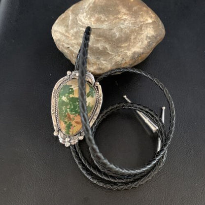 Navajo Green Royston Turquoise Bolo Tie | Sterling Silver | Authentic Native American Handmade | 14107