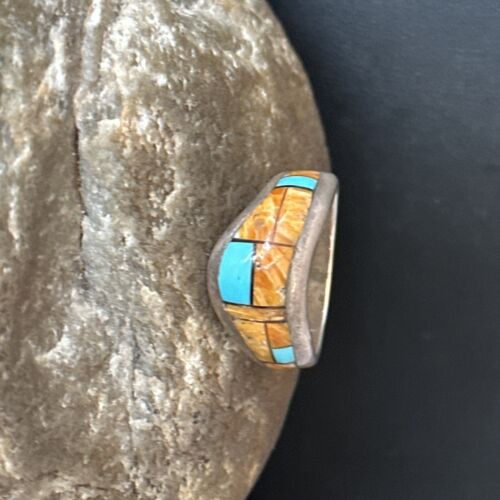 Southwestern Women's Navajo Blue Turquoise Spiny Oyster Inlay Ring | Sz 8 | 14559