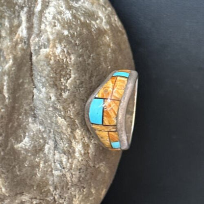 Southwestern Women's Navajo Blue Turquoise Spiny Oyster Inlay Ring | Sz 8 | 14559
