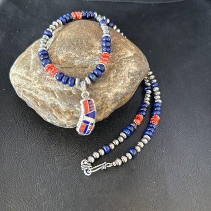 Navajo Blue Lapis Spiny Oyster Necklace Pendant | Sterling Silver Inlay | Authentic Native American Handmade | 14617