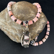 Pink Coral, Onyx & Mother of Pearl Inlay Pendant Necklace | Navajo Sterling Silver Bead | Authentic Native American | 13733