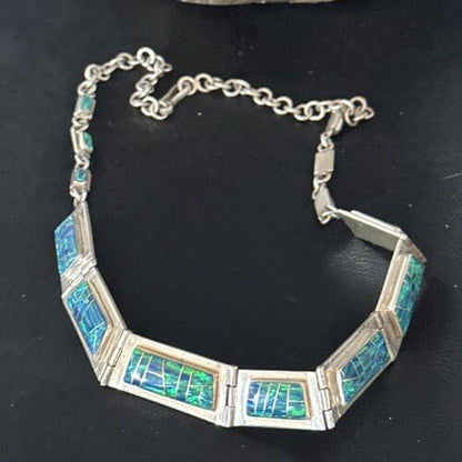 Native American Women's Blue Opal Navajo Necklace | Sterling Silver Inlay Pendant | 14649