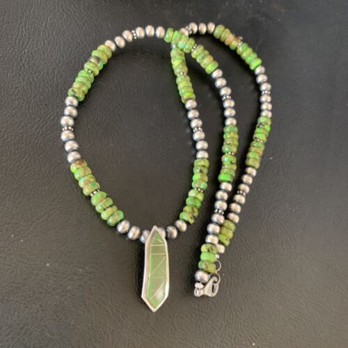 Navajo Green Gaspeite Turquoise Inlay Pendant | Sterling Silver | Authentic Native American Handmade | 13270
