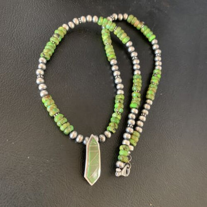 Navajo Green Gaspeite Turquoise Inlay Pendant | Sterling Silver | Authentic Native American Handmade | 13270