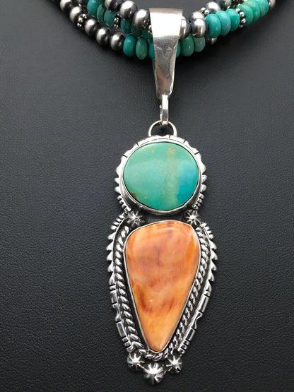 Navajo Kingman Turquoise & Spiny Oyster Necklace Pendant | Sterling Silver | 21" | Multi-Stone 2861