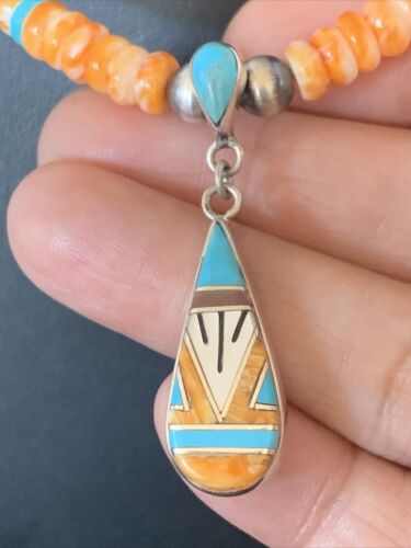 Navajo Pearls, Orange Spiny Oyster & Turquoise Sterling Silver Necklace with Pendant | Authentic Native American | 12704