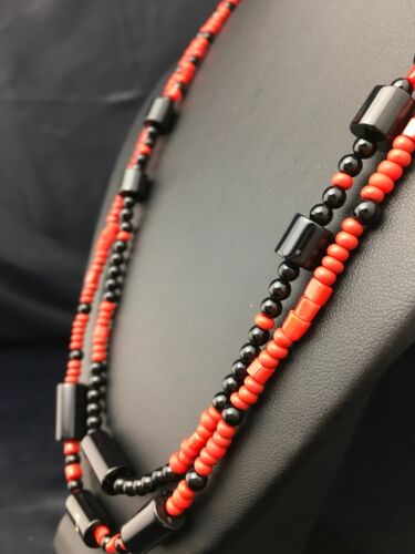 Southwestern Red Coral & Onyx 2-Strand Necklace | Navajo Sterling Silver | Authentic Native American Handmade | 4523
