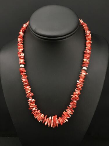 Navajo Red Spiny Oyster Necklace | Sterling Silver | Authentic Native American | 18" | 4767