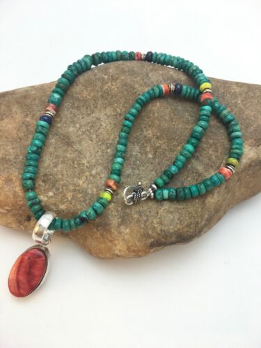 Pueblo Turquoise & Spiny Oyster Pendant Necklace | Sterling Silver | Authentic Native American Handmade | 8910