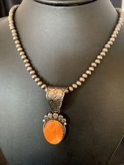 Navajo Orange Spiny Oyster Pendant Necklace | Sterling Silver | Authentic Native American Handmade | 13081