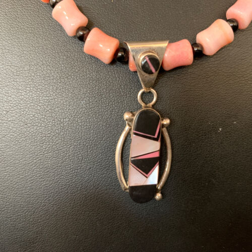 Pink Coral, Onyx & Mother of Pearl Inlay Pendant Necklace | Navajo Sterling Silver Bead | Authentic Native American | 13733