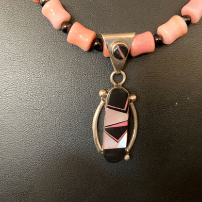 Pink Coral, Onyx & Mother of Pearl Inlay Pendant Necklace | Navajo Sterling Silver Bead | Authentic Native American | 13733