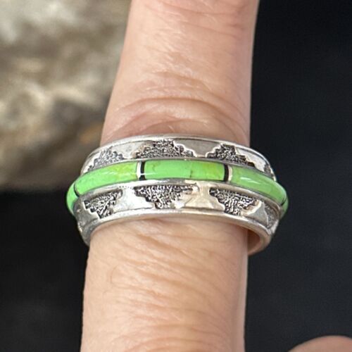 Navajo Green Gaspeite Inlay Eternity Band Ring | Sterling Silver | Sz 9.5 | Authentic Native American Handmade | 14548