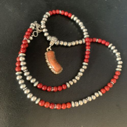 Red Apple Coral & Navajo Pearls Sterling Silver Bead Necklace with Pendant | Authentic Native American | 13437