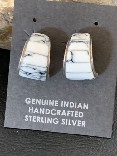 Navajo White Buffalo Turquoise Inlay Earrings | Sterling Silver | 0.50" | Authentic Native American Handmade | 12997