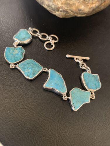 Navajo Blue Kingman Turquoise Rough Link Bracelet | Sterling Silver | 8" | 11651
