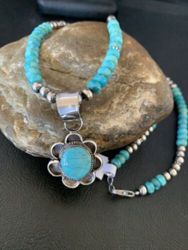 Navajo Blue Turquoise Pendant Necklace | Sterling Silver Pearls | Authentic Native American Handmade | 13216