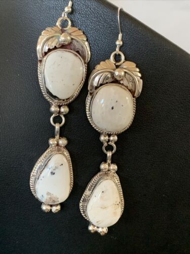 Navajo White Buffalo Turquoise Dangle Earrings | Sterling Silver | 2.50" | Authentic Native American Handmade | 1665