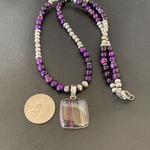 Women's Navajo Pearls Necklace with Purple Sugilite and Onyx Pendant | Sterling Silver | 13393