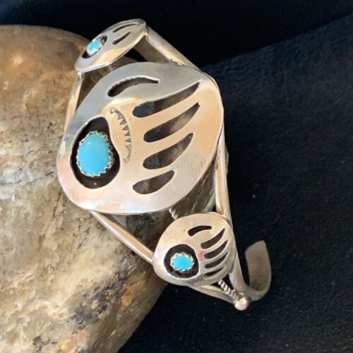 Navajo Turquoise Bear Paw Cuff Bracelet | Sterling Silver | Authentic Native American Handmade | 12875